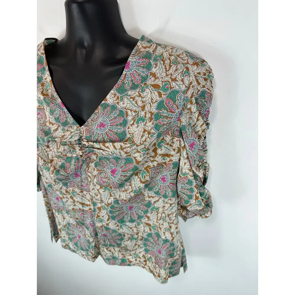 Veronica Beard Henrieta Floral Top Silk Stretch Sz 12 Half Sleeve V Neck Preppy - Picture 11 of 15